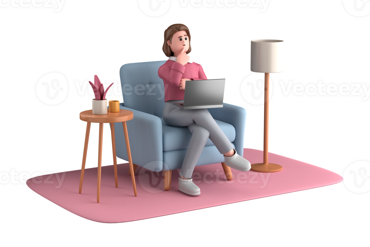 3d business woman executive pose sitting with laptop thinking about idea isolated on transparent background, 3d rendering png