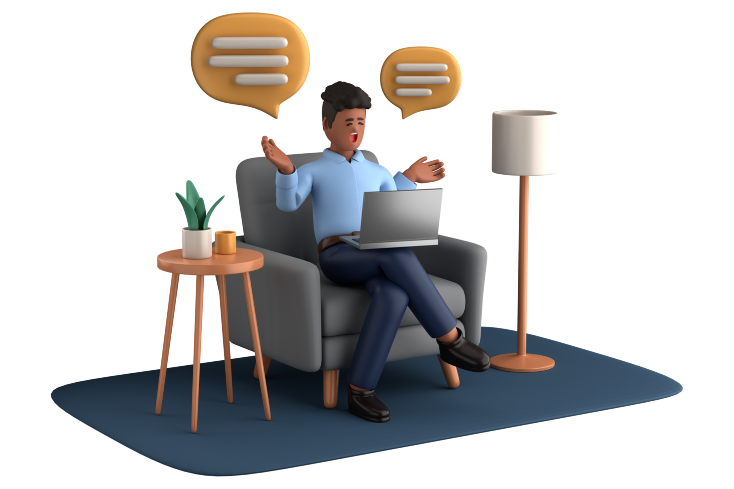 3d businessman executive pose sitting with laptop thinking about idea isolated on transparent background, 3d rendering png