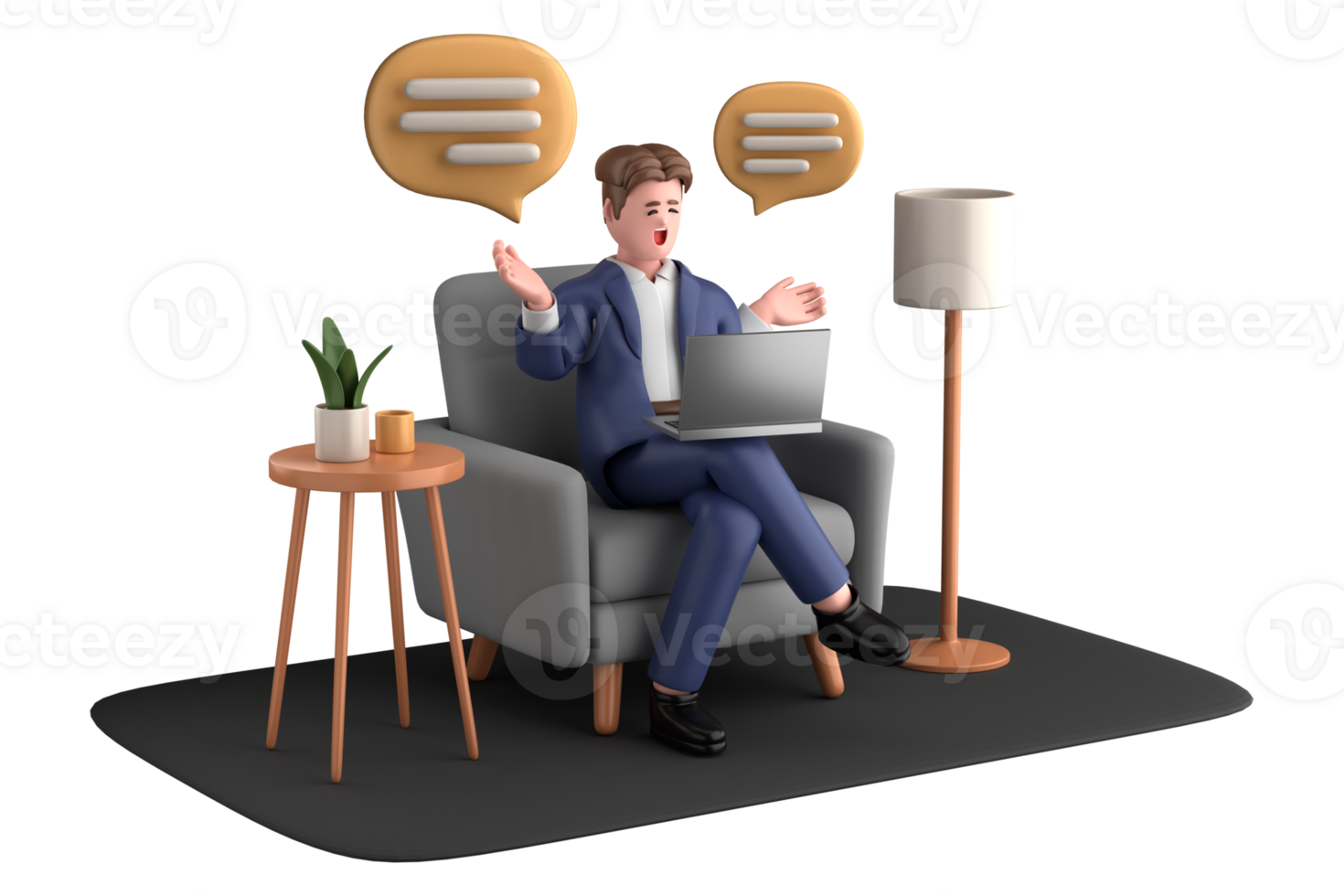3d businessman executive pose sitting with laptop thinking about idea isolated on transparent background, 3d rendering png