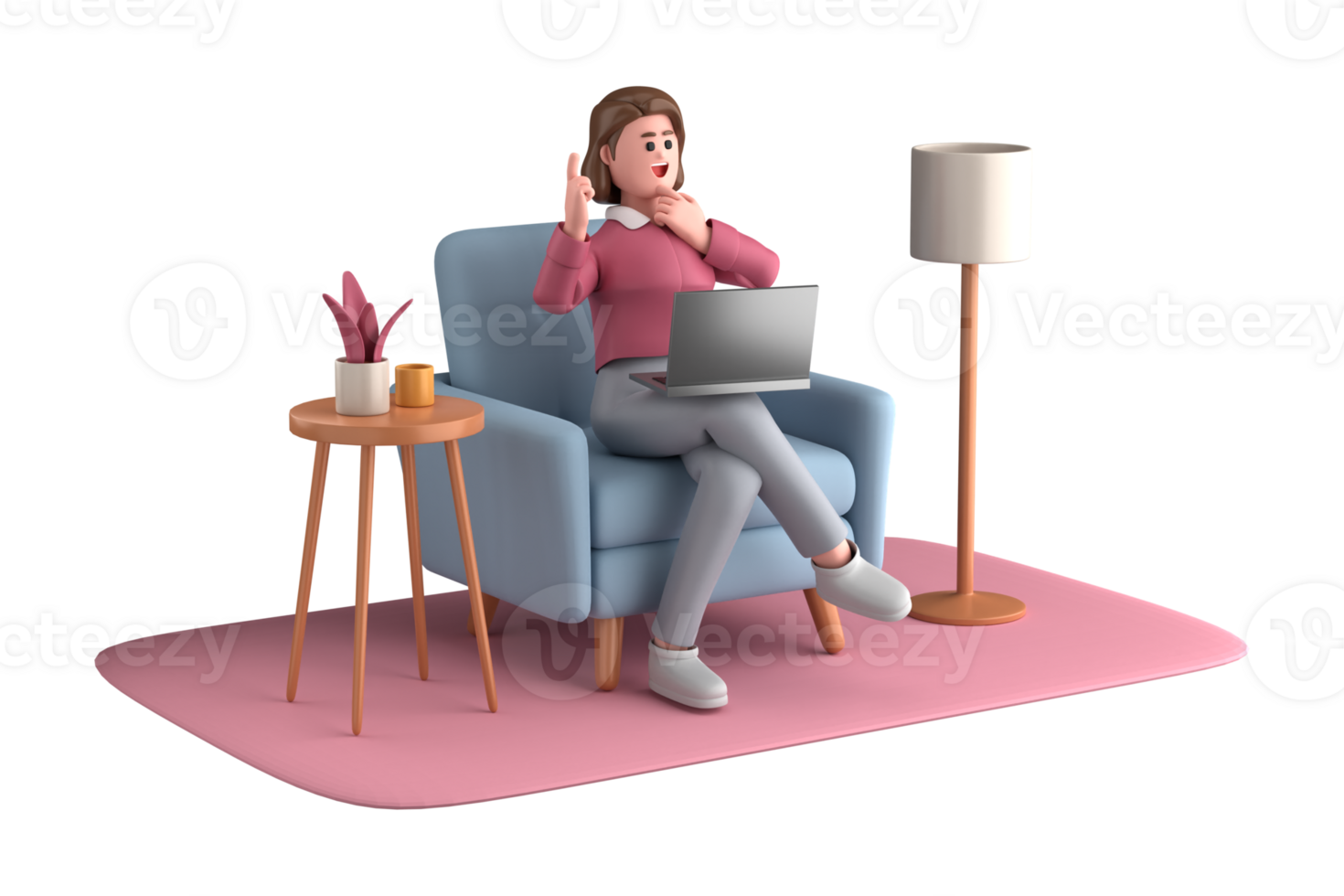 3d business woman executive pose sitting with laptop thinking about idea isolated on transparent background, 3d rendering png