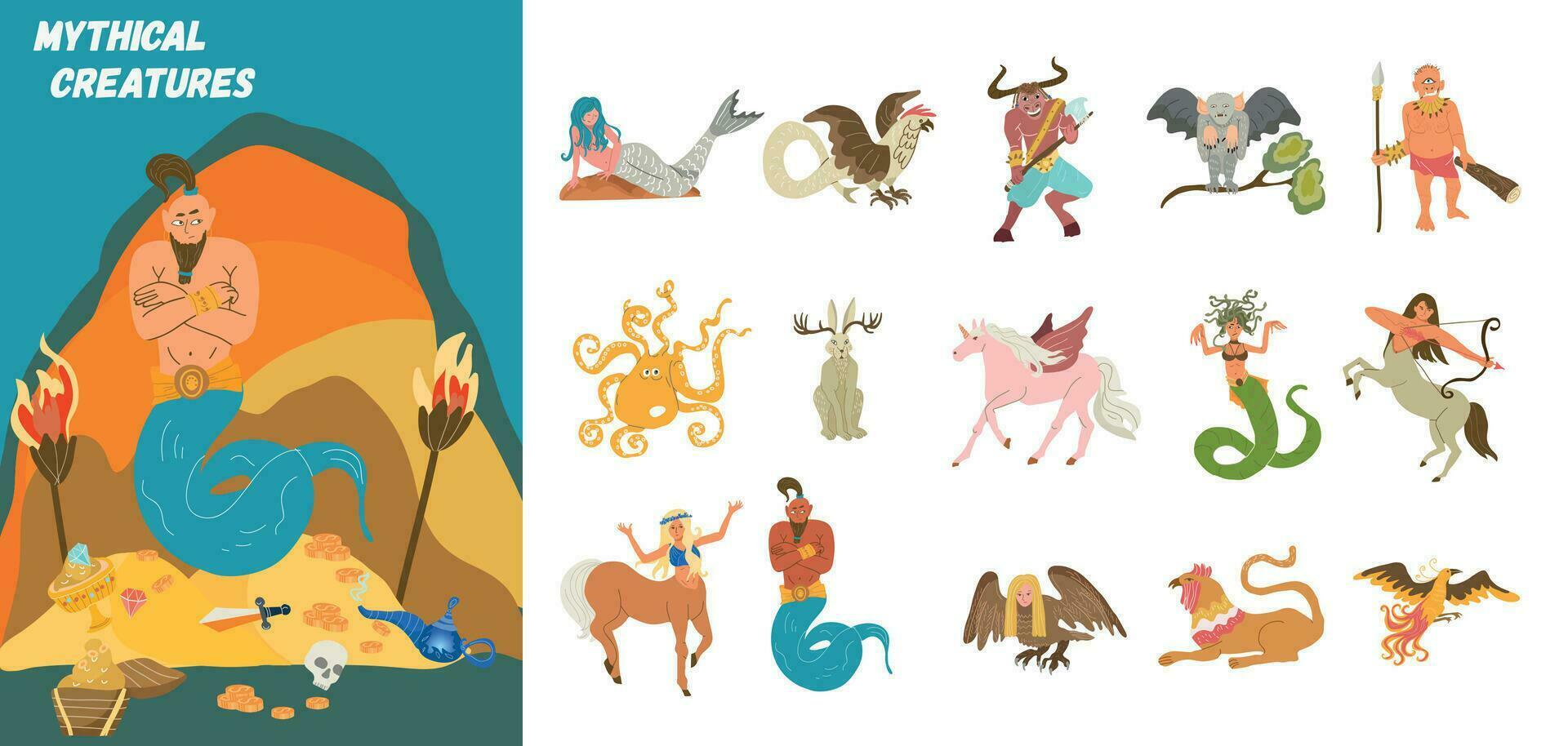 Mythical Creatures Flat Set vector