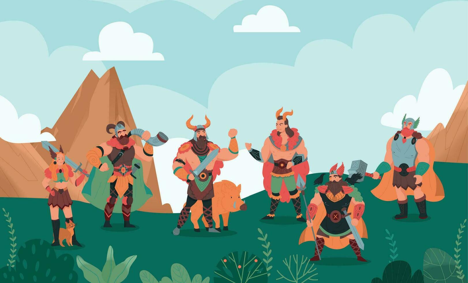 Norse Gods Flat Vector Illustration