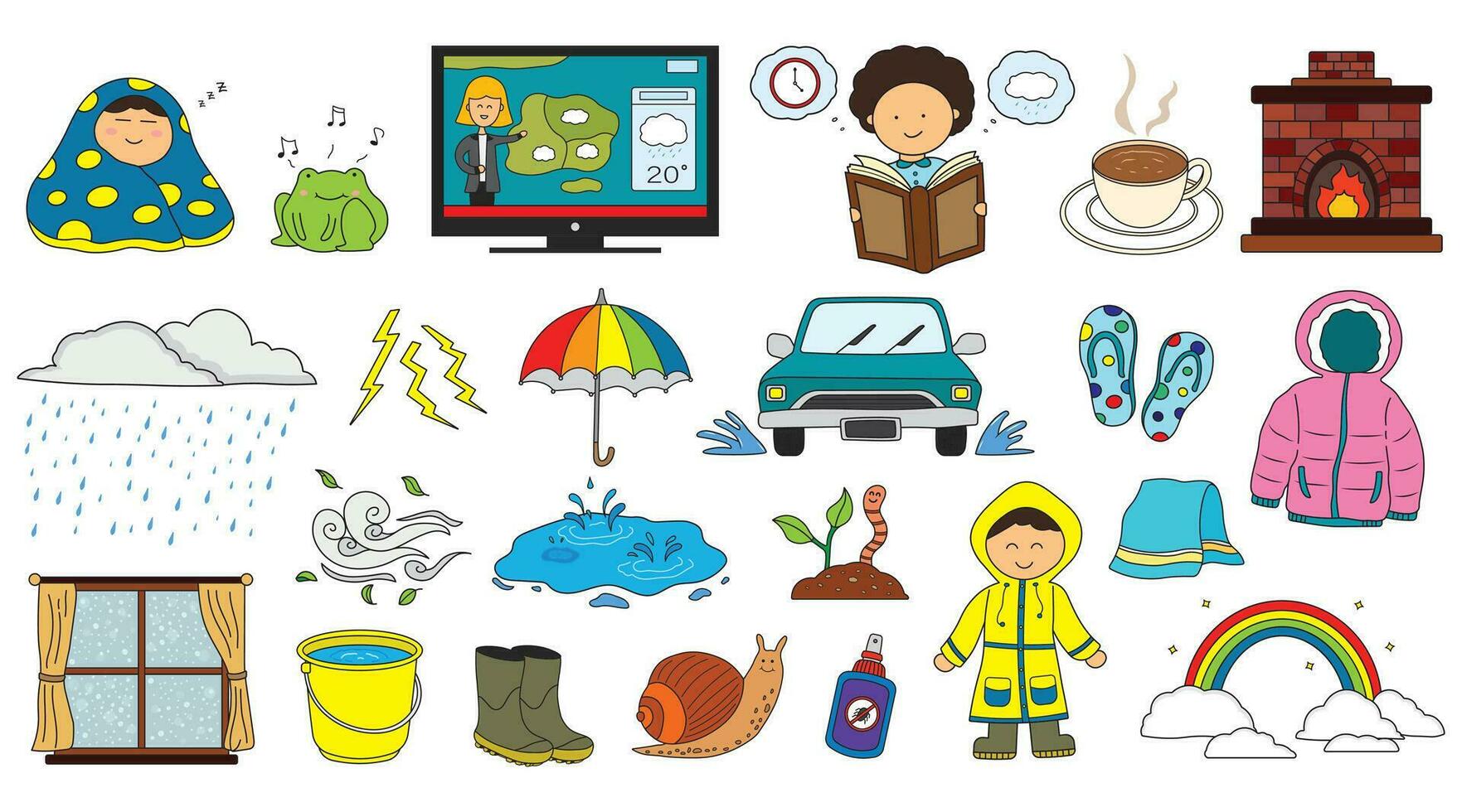niños dibujo vector ilustración conjunto de lluvioso días, lluvioso temporada icono en garabatear estilo aislado en blanco antecedentes