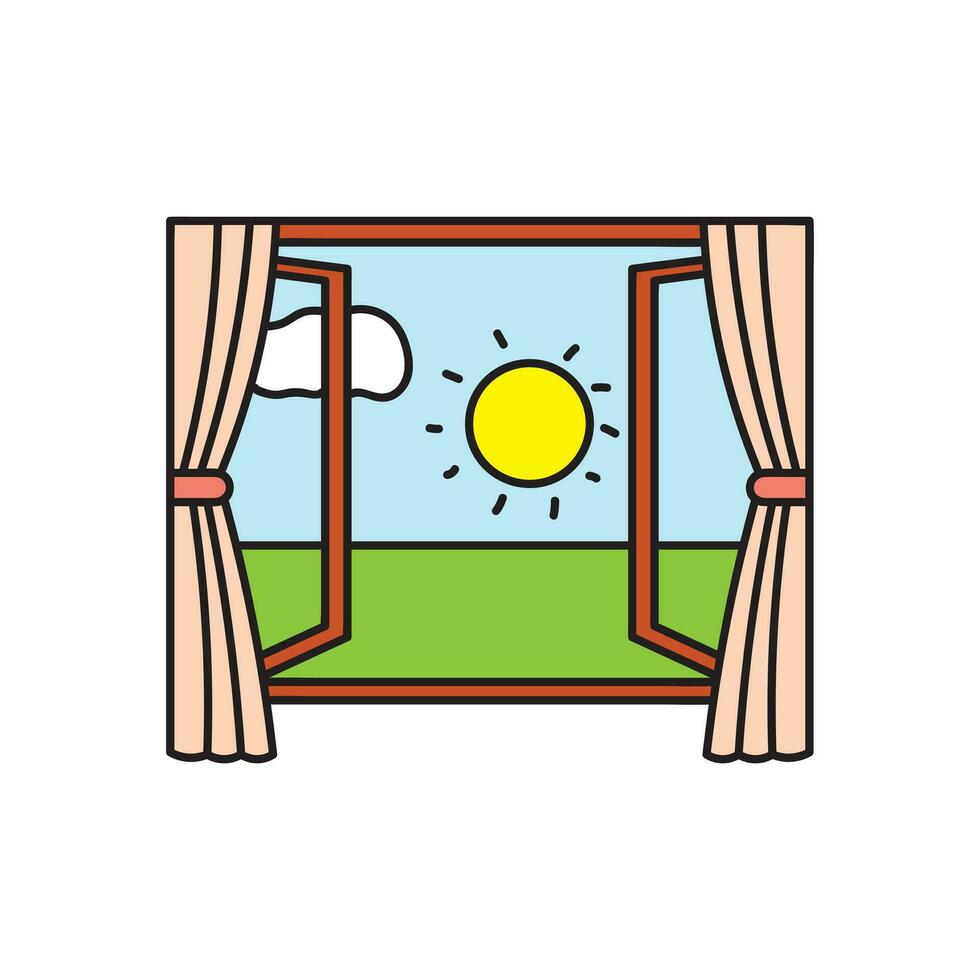 Kids drawing Cartoon Vector illustration window view morning icon Isolated on White Background