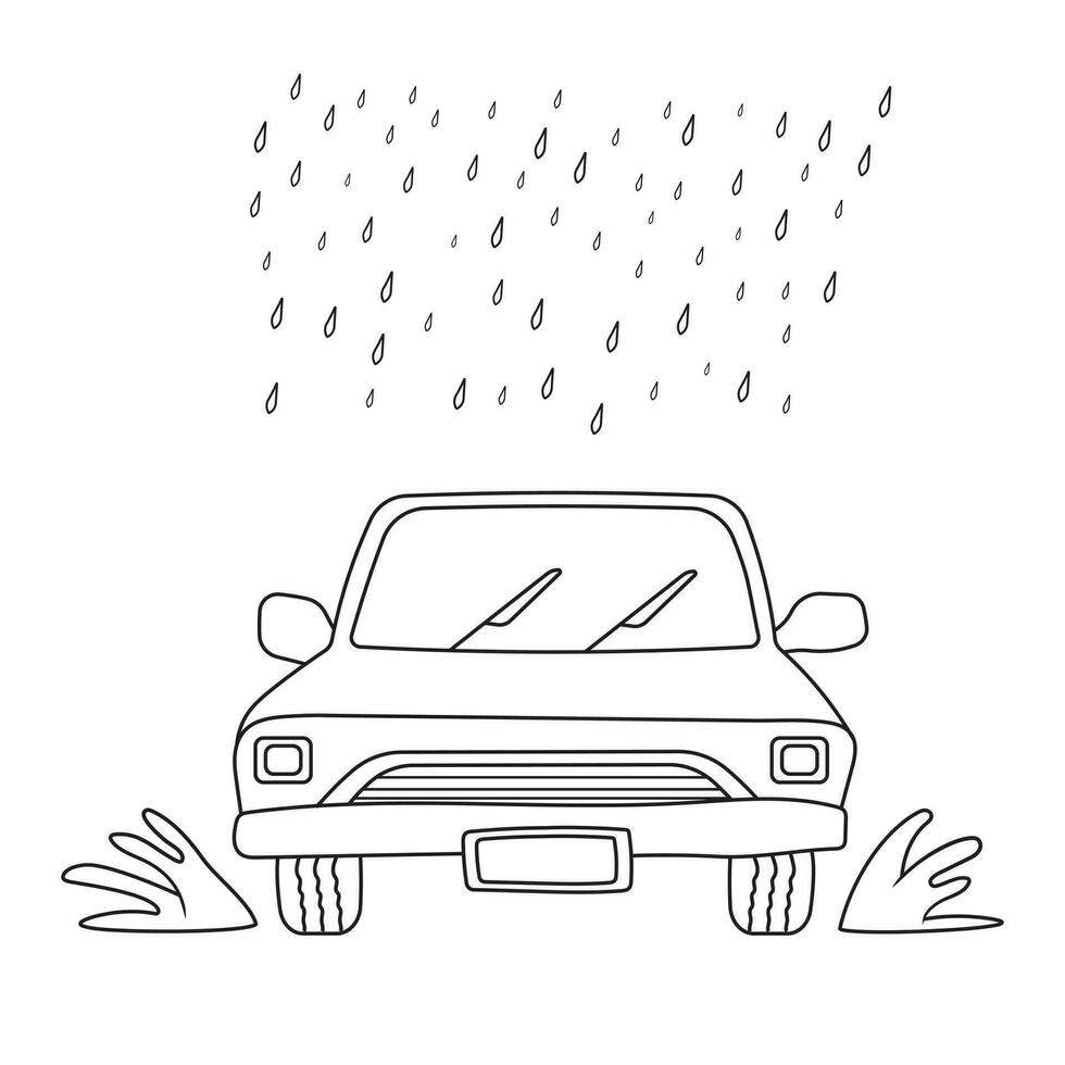 Hand drawn Kids drawing Cartoon Vector illustration car in the rain icon Isolated on White Background