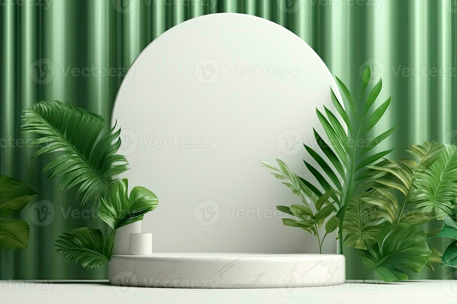 A white round podium with a plant in it and a white vase with a green plant in it photo