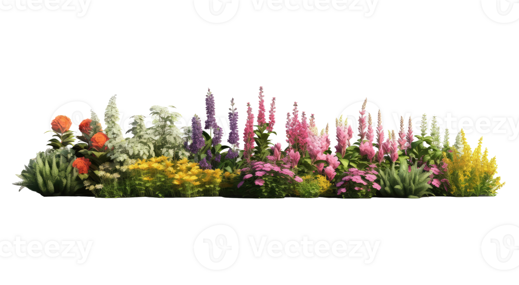 Bright spring flowers surrounded by garden plants . AI Generated png