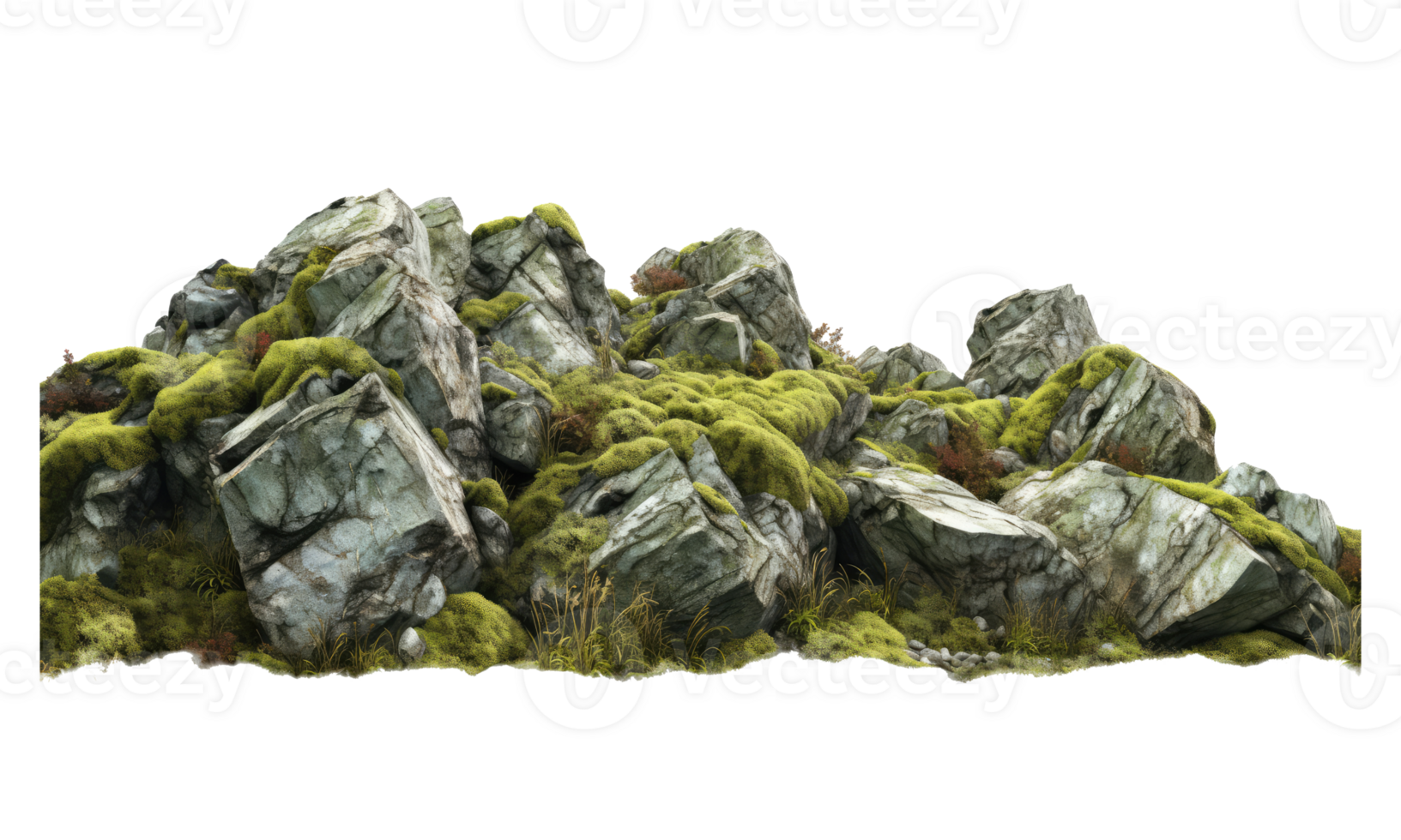 Dark rocks partially covered with moss . AI Generated png