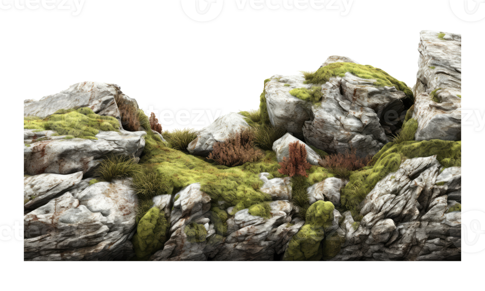 Dark rocks partially covered with moss . AI Generated png