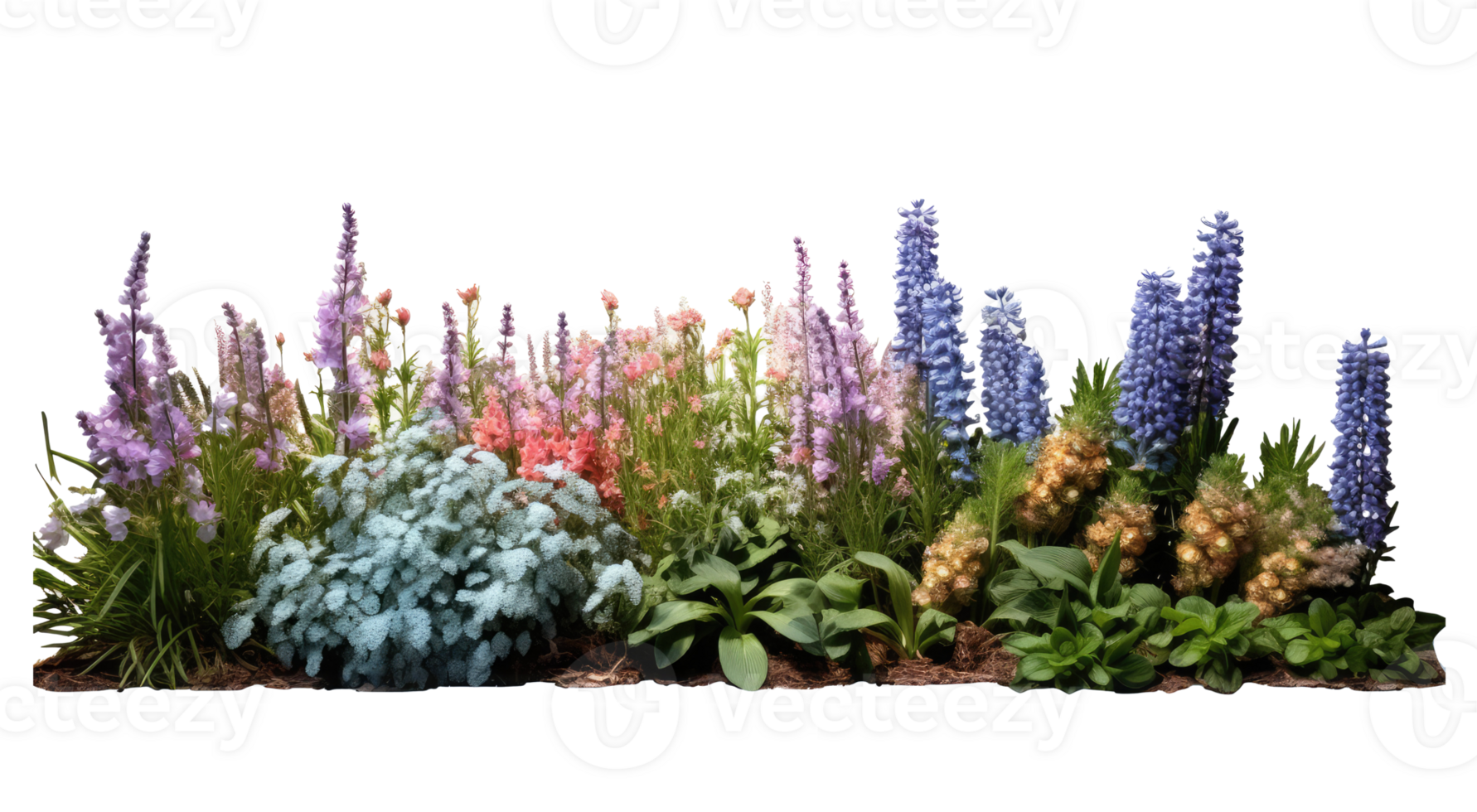 Bright spring flowers surrounded by garden plants cutout transparent backgrounds . AI Generated png