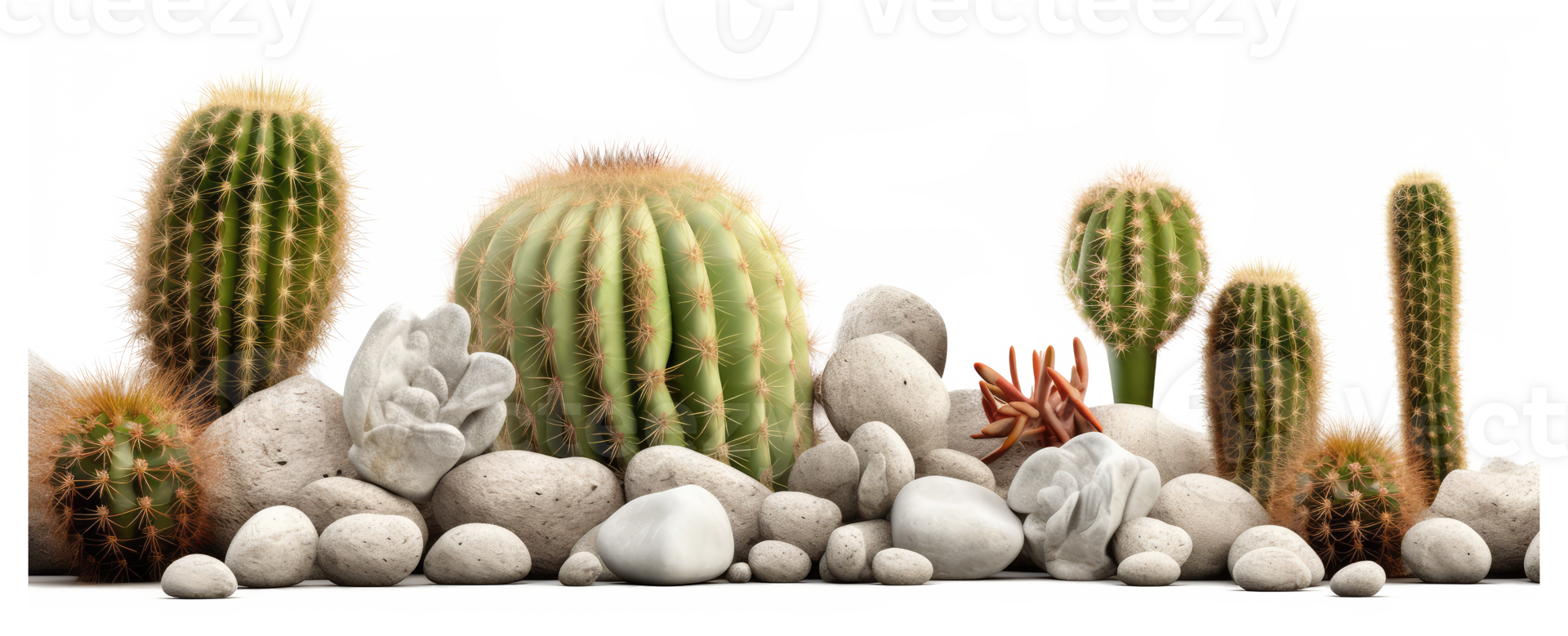 small rocks and cactus and green desert sunlight . AI Generated png