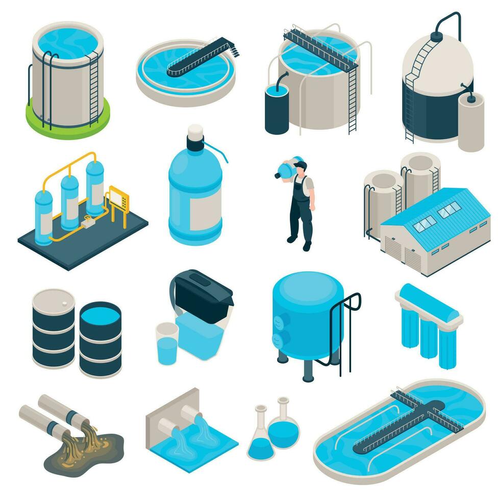 isométrica agua purificación íconos vector