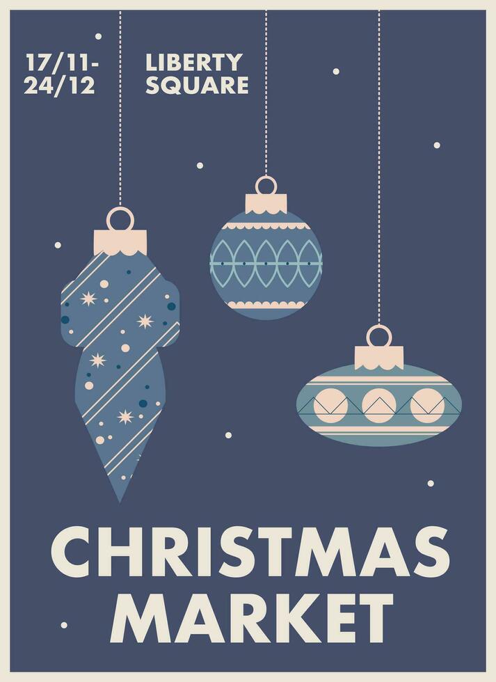 retro poster with christmas tree toys for christmas market vector