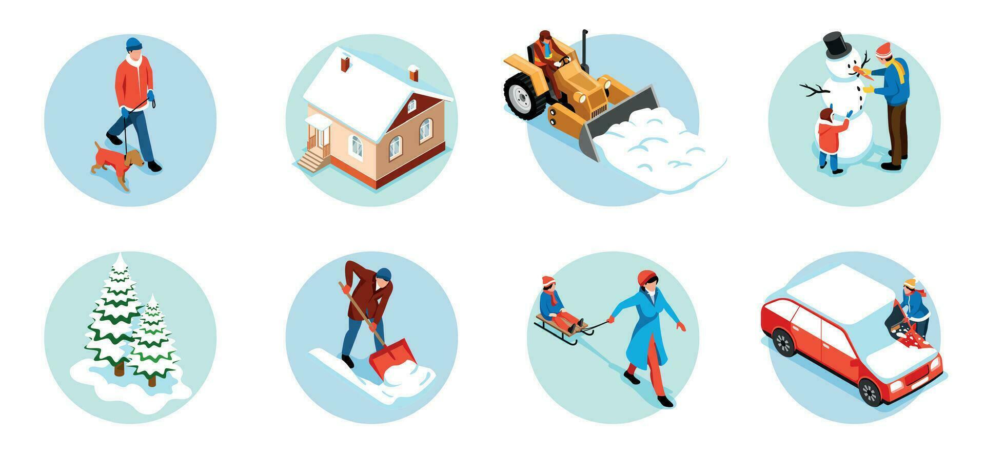 Winter City Isometric Round Compositions vector