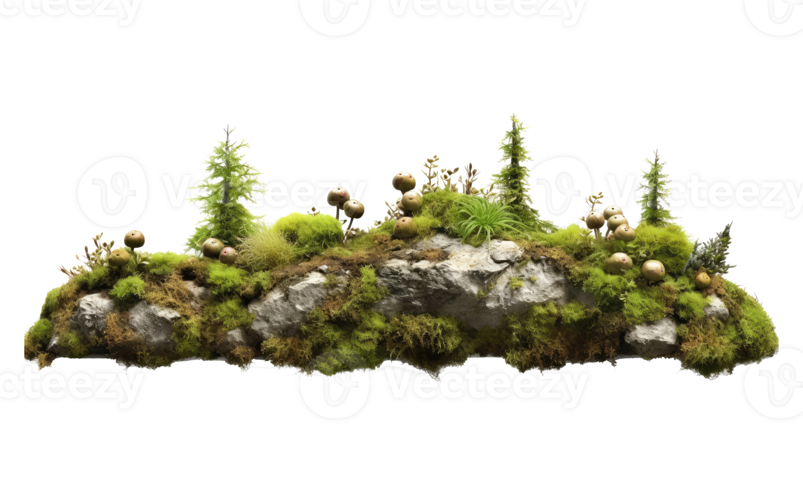 Dark rocks partially covered with moss . AI Generated png