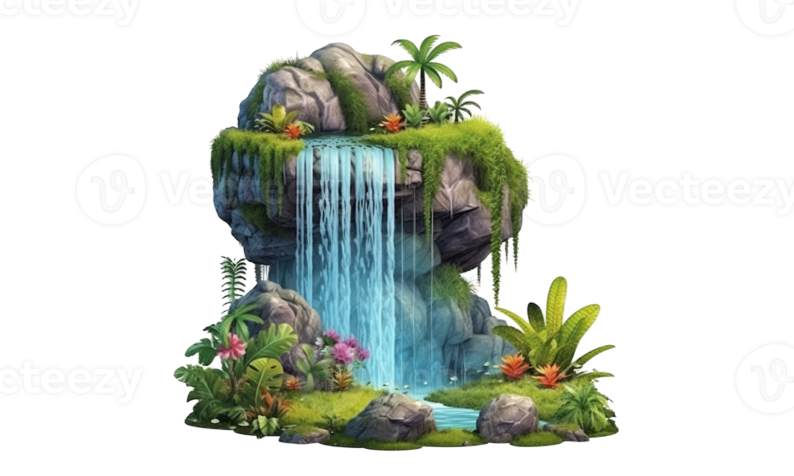 fantasy style waterfall surrounded by colorful flowers . AI Generated png