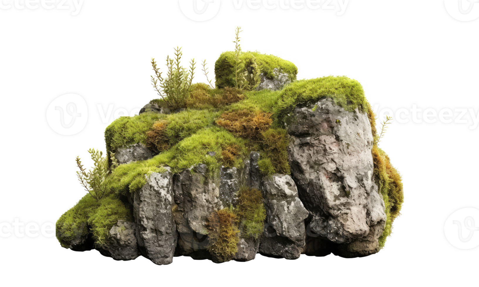 Dark rocks partially covered with moss . AI Generated png