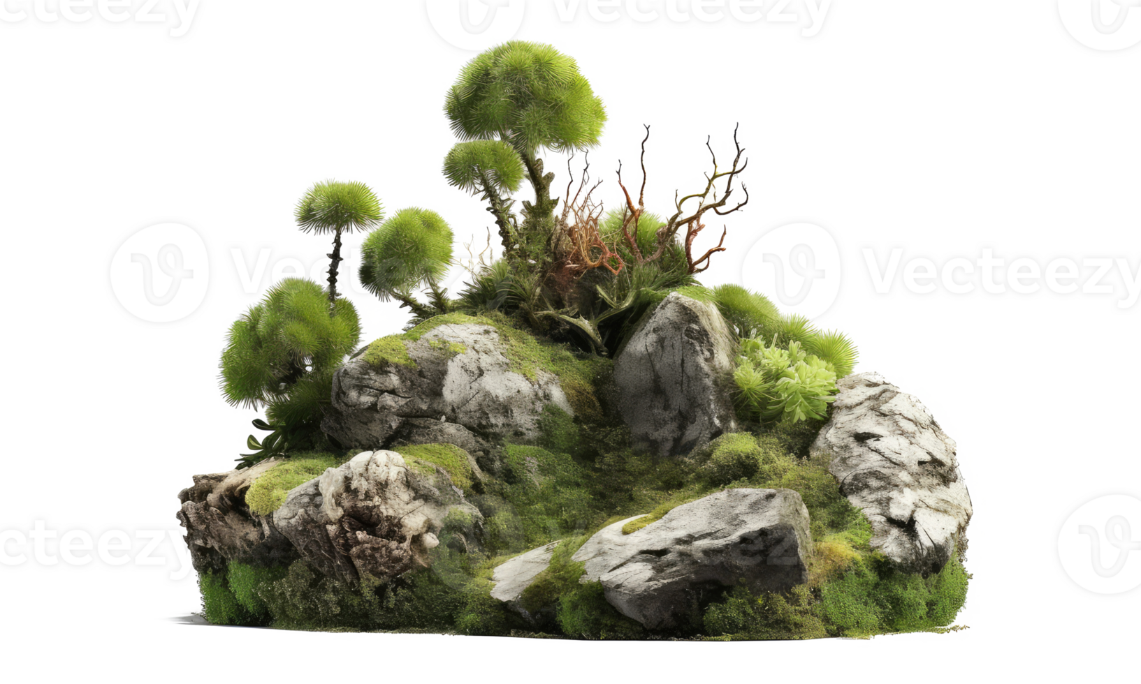 Rock garden wild nature stones with sparse vegetation green growth . AI Generated png