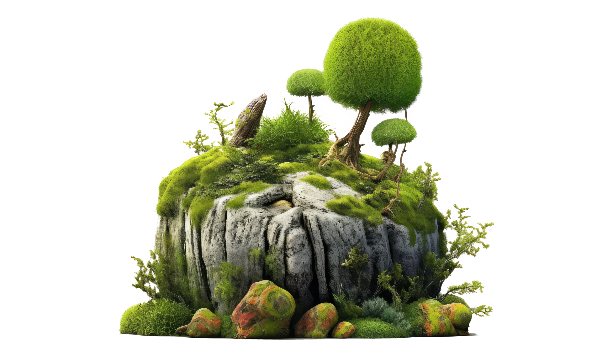 Rock garden wild nature stones with sparse vegetation green growth . AI