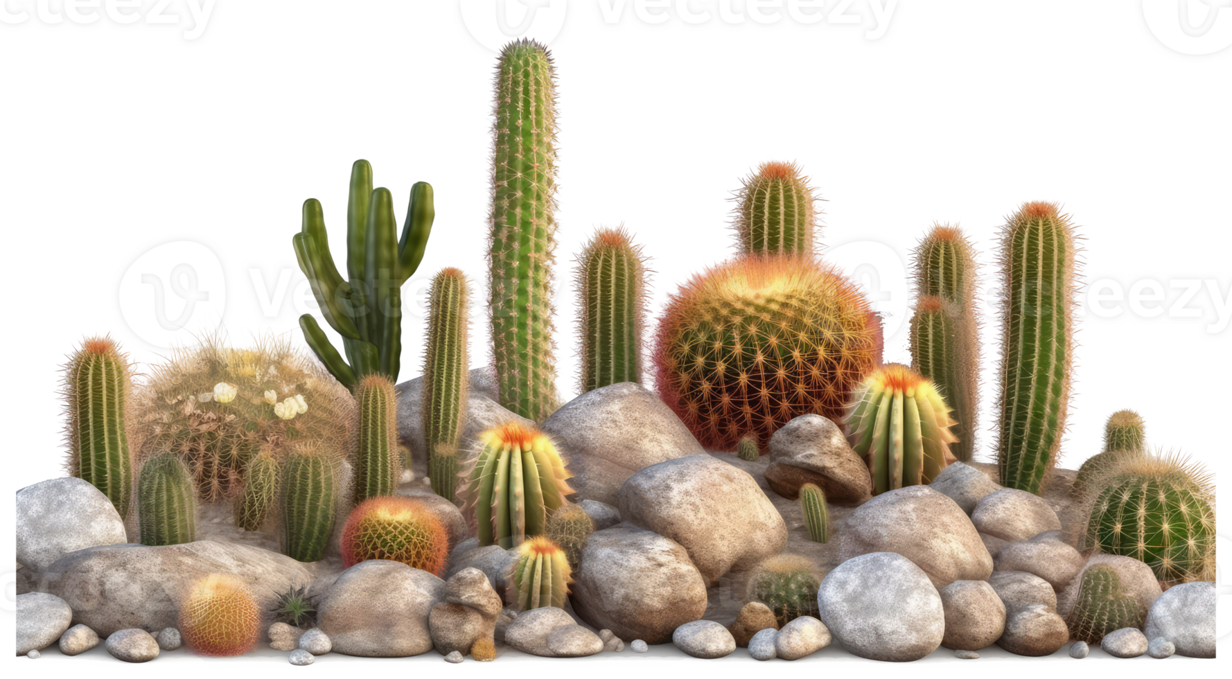 small rocks and cactus and green desert sunlight . AI Generated png