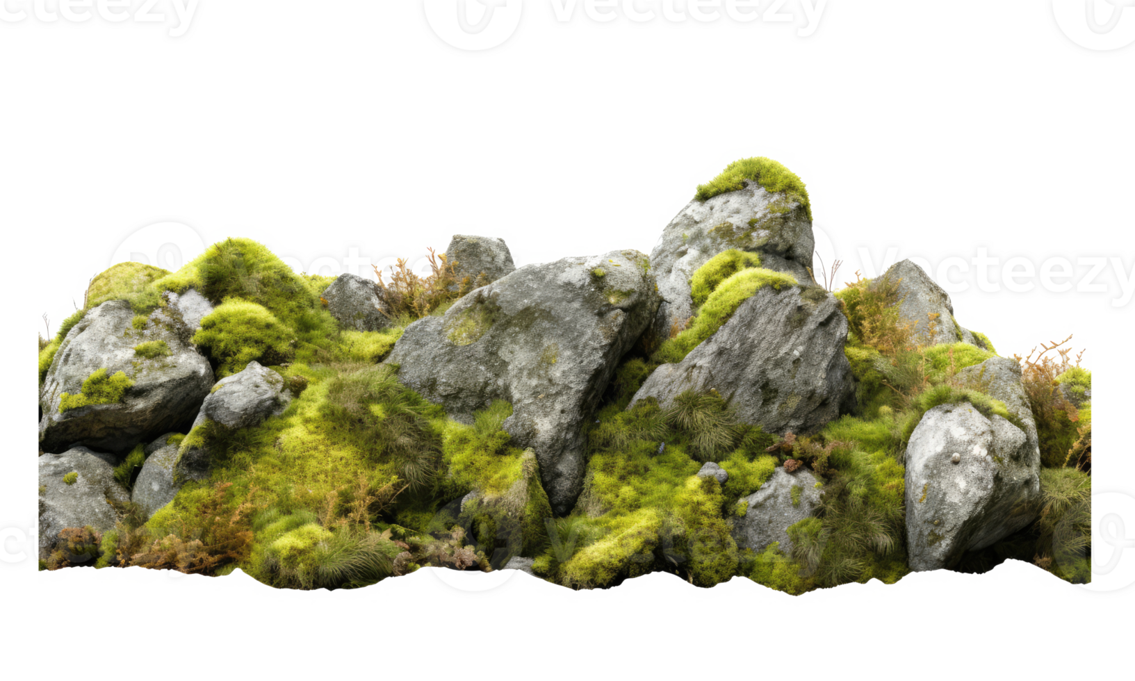 Dark rocks partially covered with moss . AI Generated png