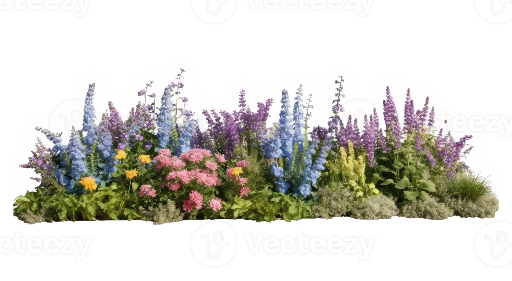 Bright spring flowers surrounded by garden plants cutout transparent backgrounds . AI Generated png