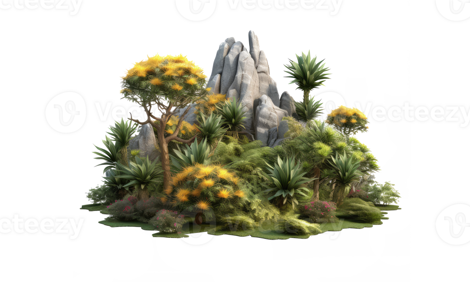 Forest with a hidden waterfall and a mossy rock . AI Generated png
