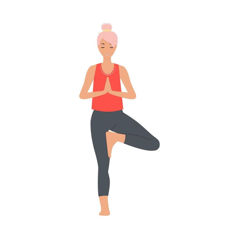 Woman in sport wear in tree pose. Female in tights practicing yoga. Flat vector illustration isolated on white background