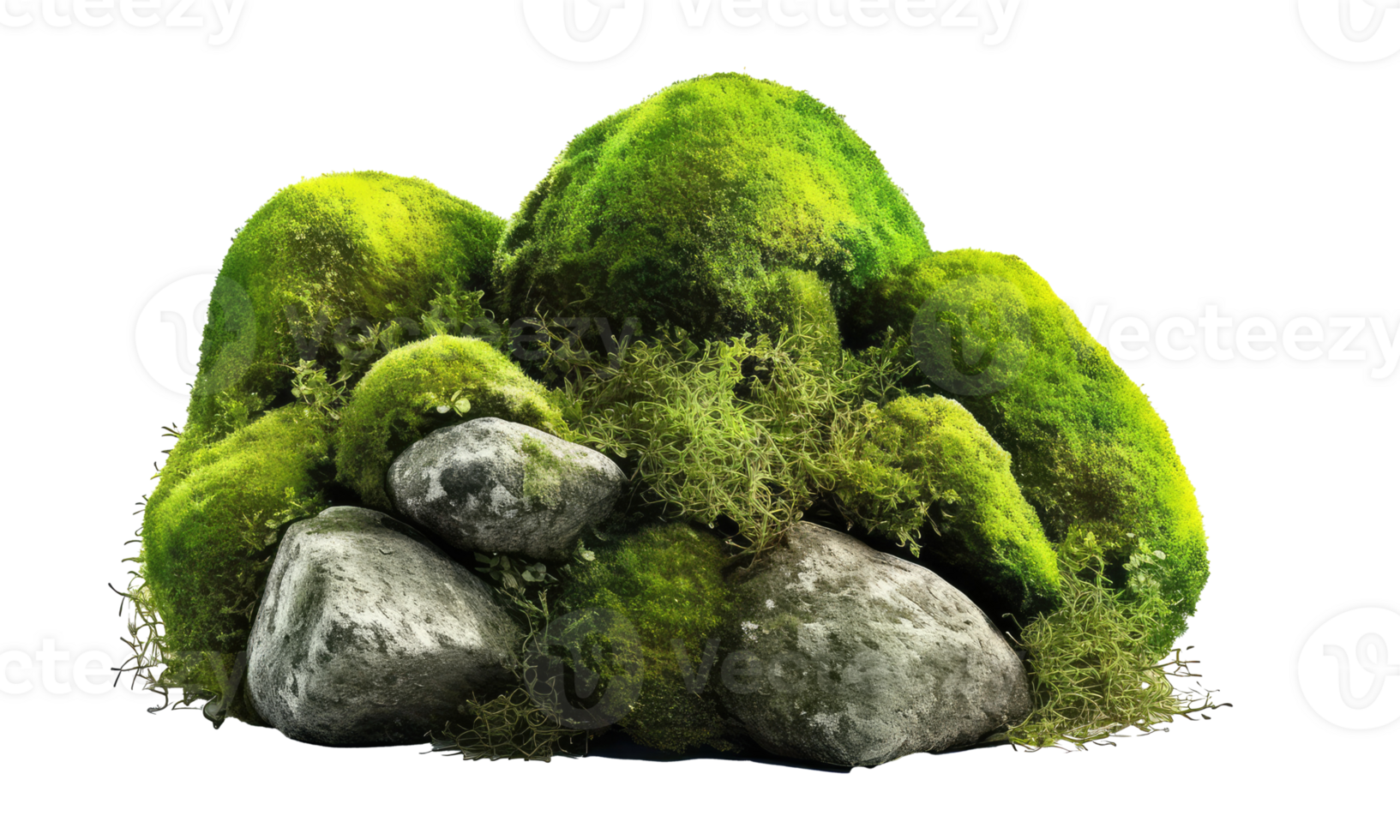 Dark rocks partially covered with moss . AI Generated png