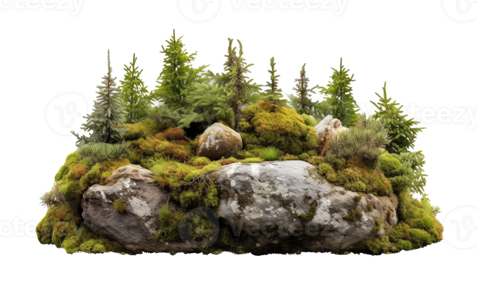 Cutout rock surrounded by fir trees. Garden design . AI Generated png