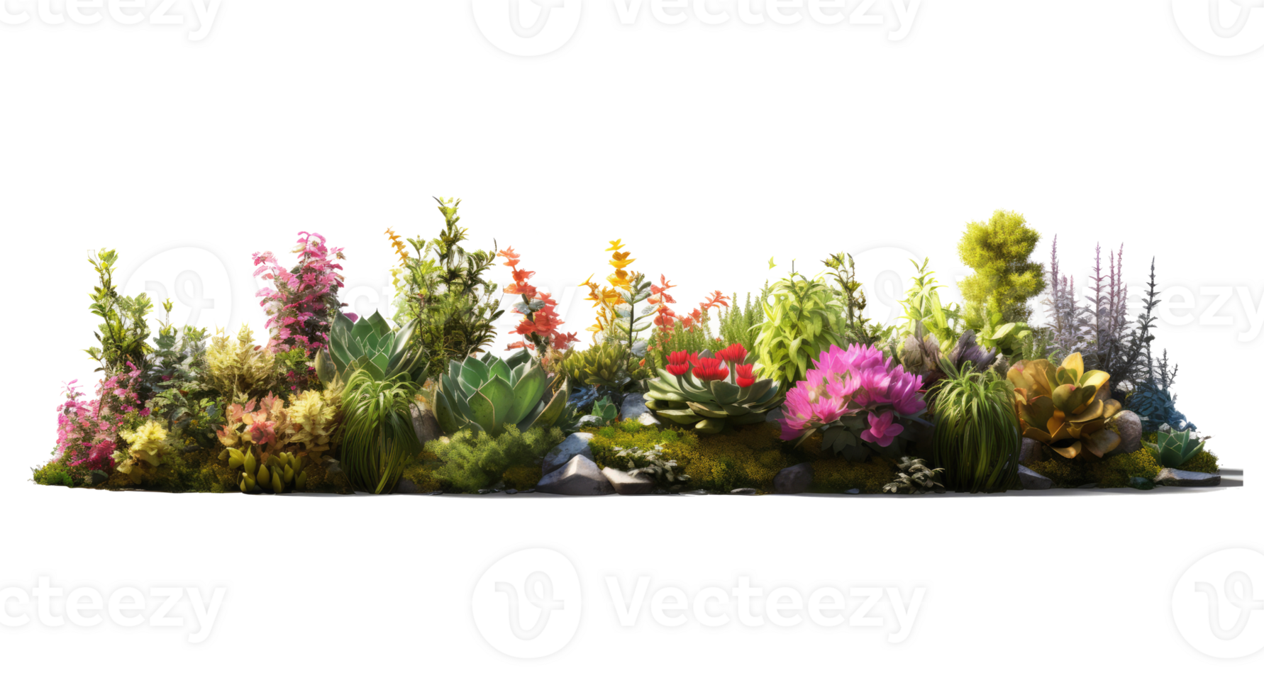 Bright spring flowers surrounded by garden plants . AI Generated png