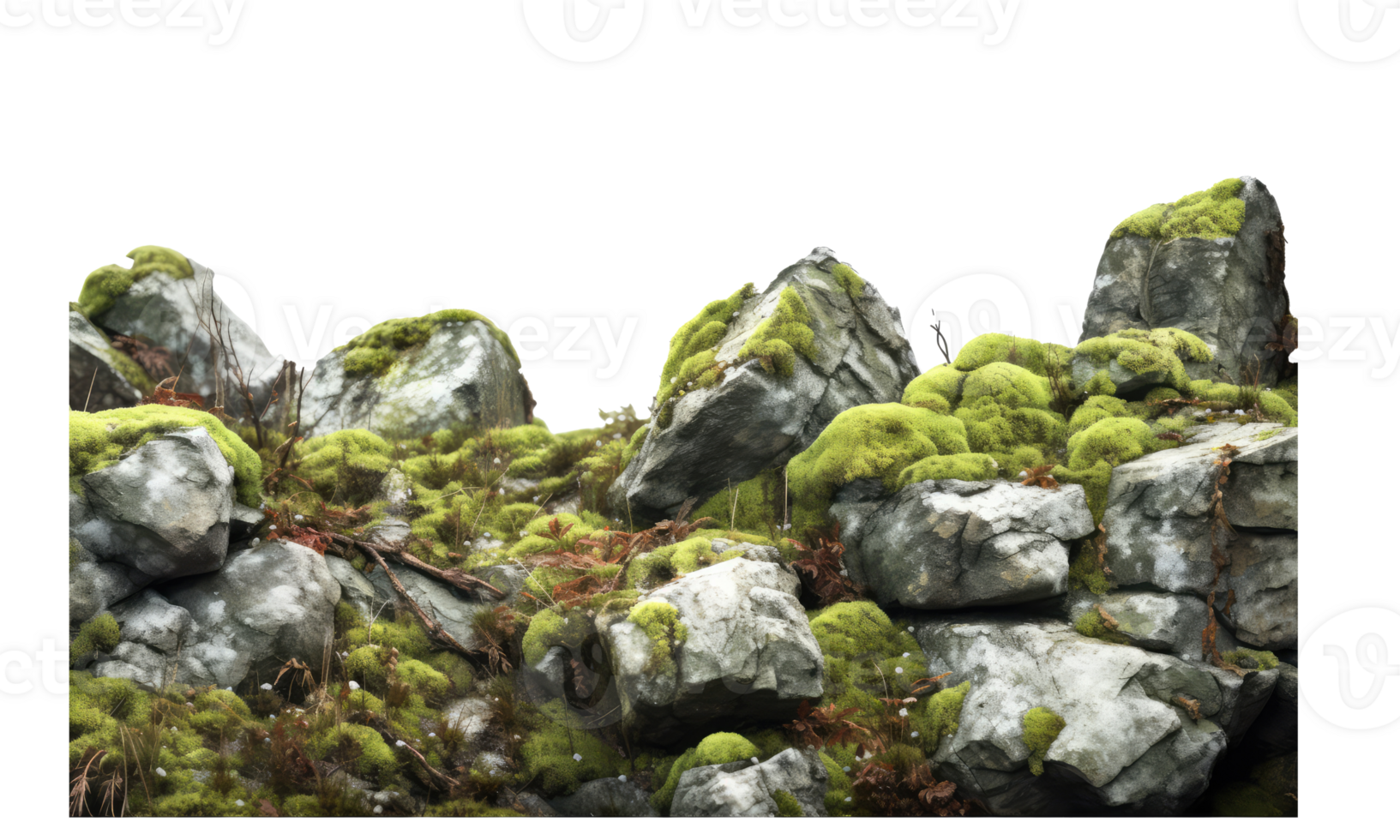 Dark rocks partially covered with moss . AI Generated png