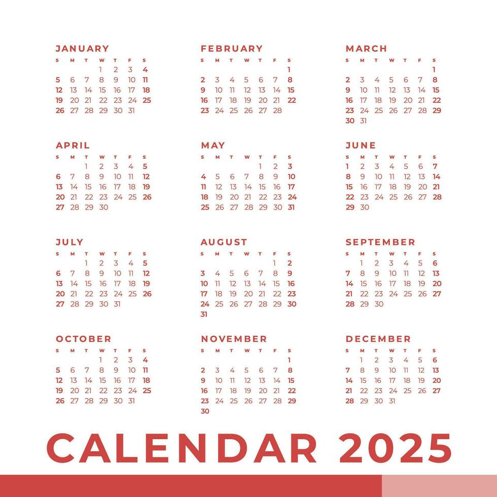 Simple calendar 2025, week start sunday template. 28574038 Vector Art