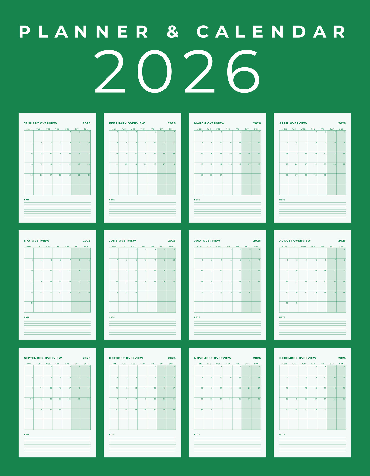 Calendar 2026, Minimal Table Design, Week start Sunday template