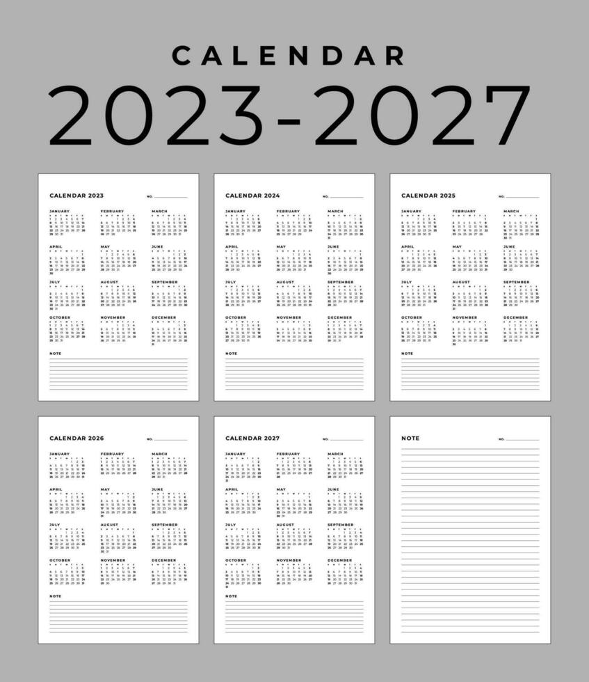 moderno mensual calendario y Nota para 2023, 2024, 2025, 2026, el semana empieza en domingo, vector