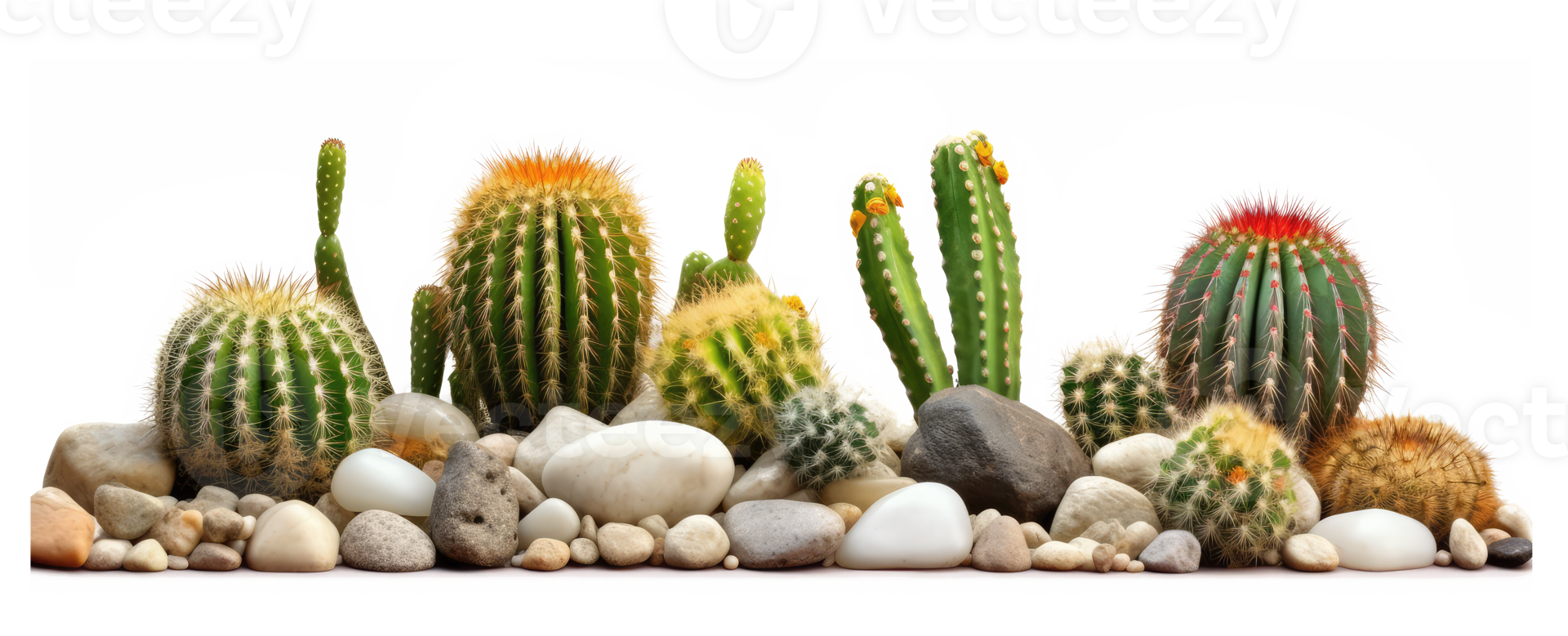 small rocks and cactus and green desert sunlight . AI Generated png