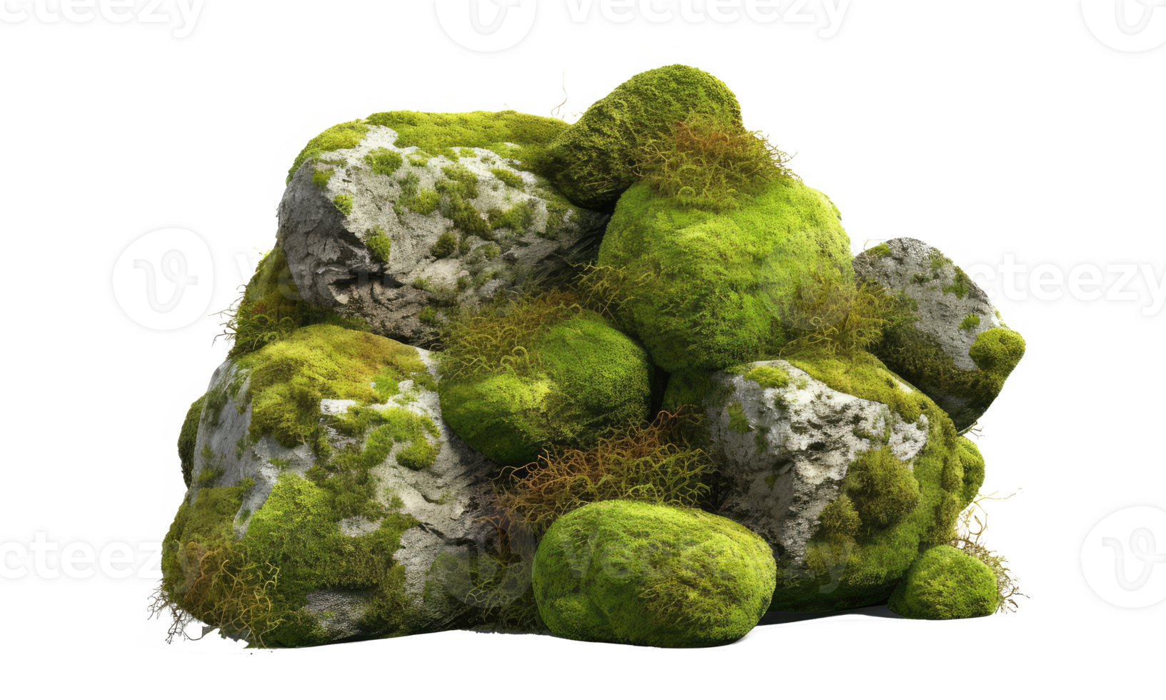 Dark rocks partially covered with moss . AI Generated png