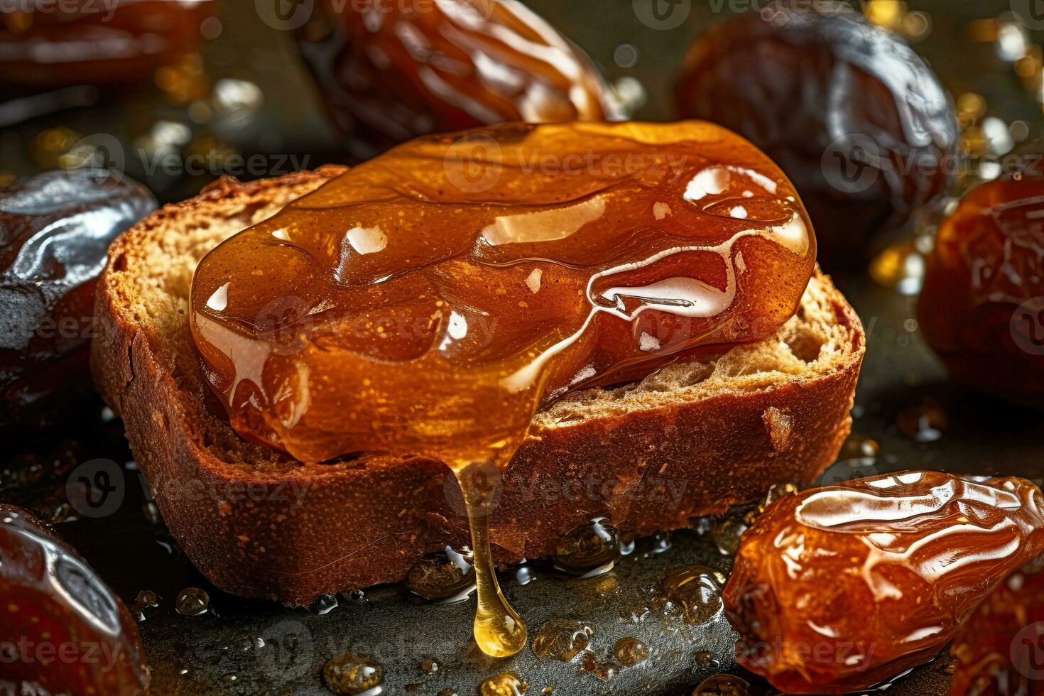 Saudi Arab Dates toast, macro shot of a fresh breakfast with Dripping Honey, AI Generated photo