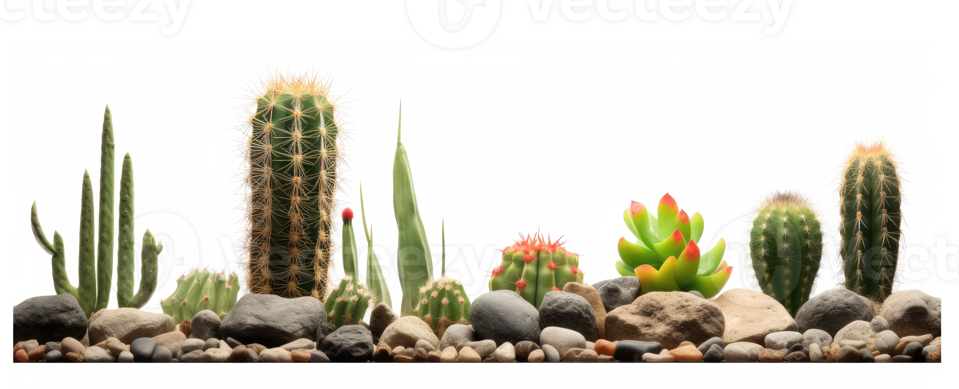 small rocks and cactus and green desert sunlight . AI Generated png
