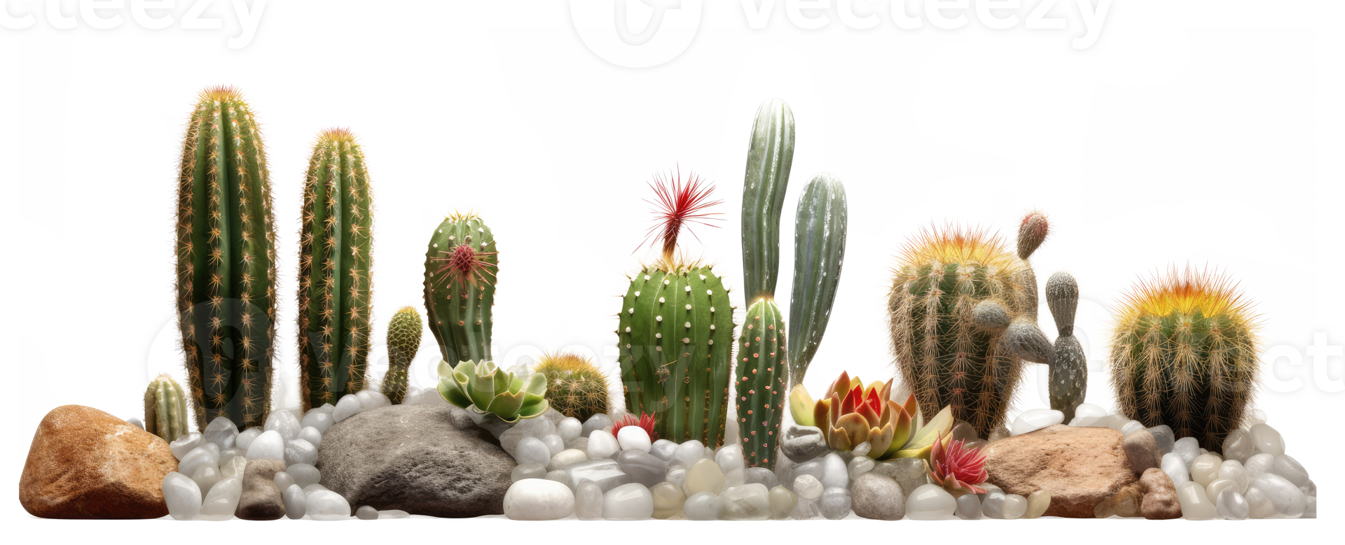 small rocks and cactus and green desert sunlight . AI Generated png