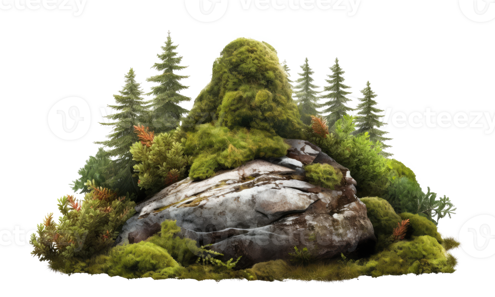 Cutout rock surrounded by fir trees. Garden design . AI Generated png