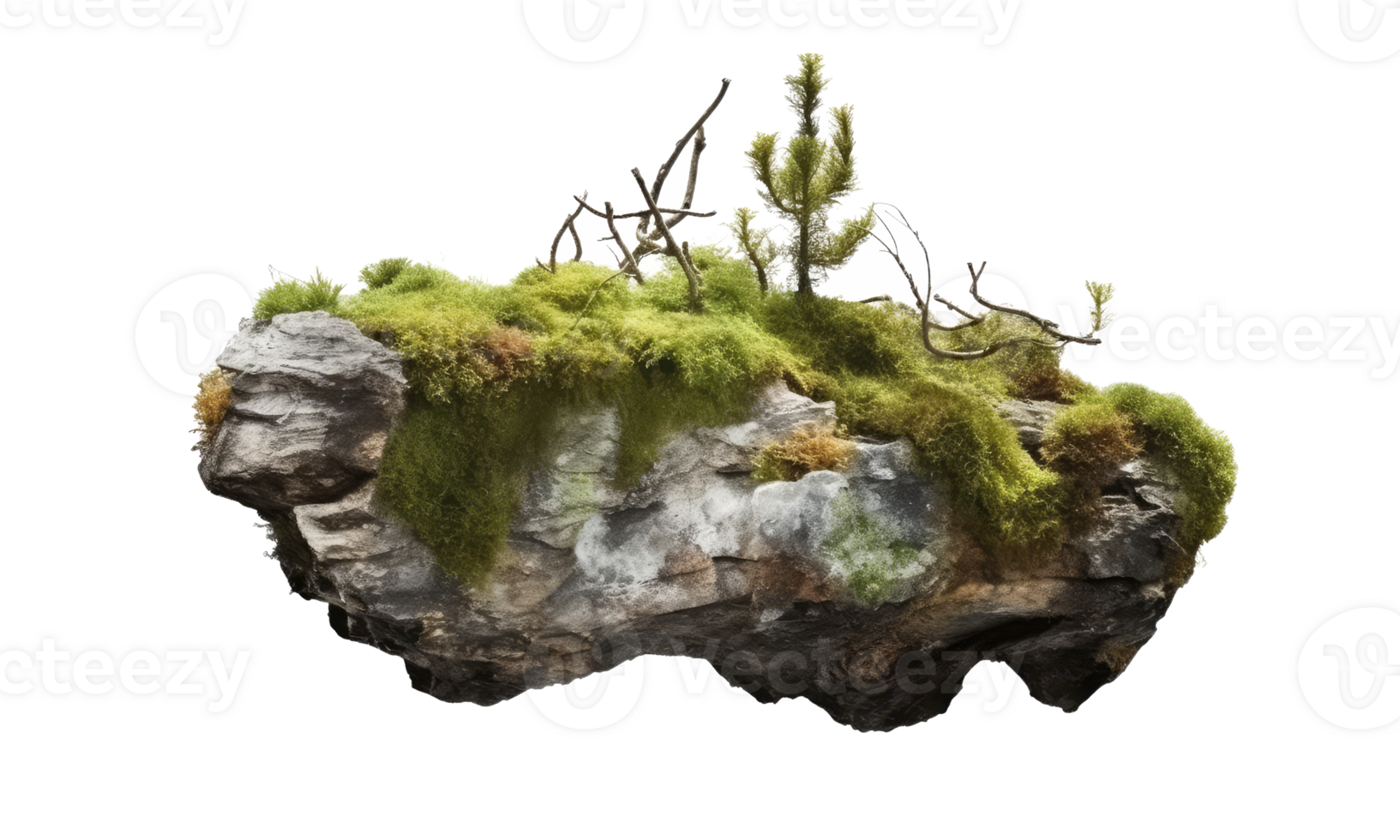 Dark rocks partially covered with moss . AI Generated png
