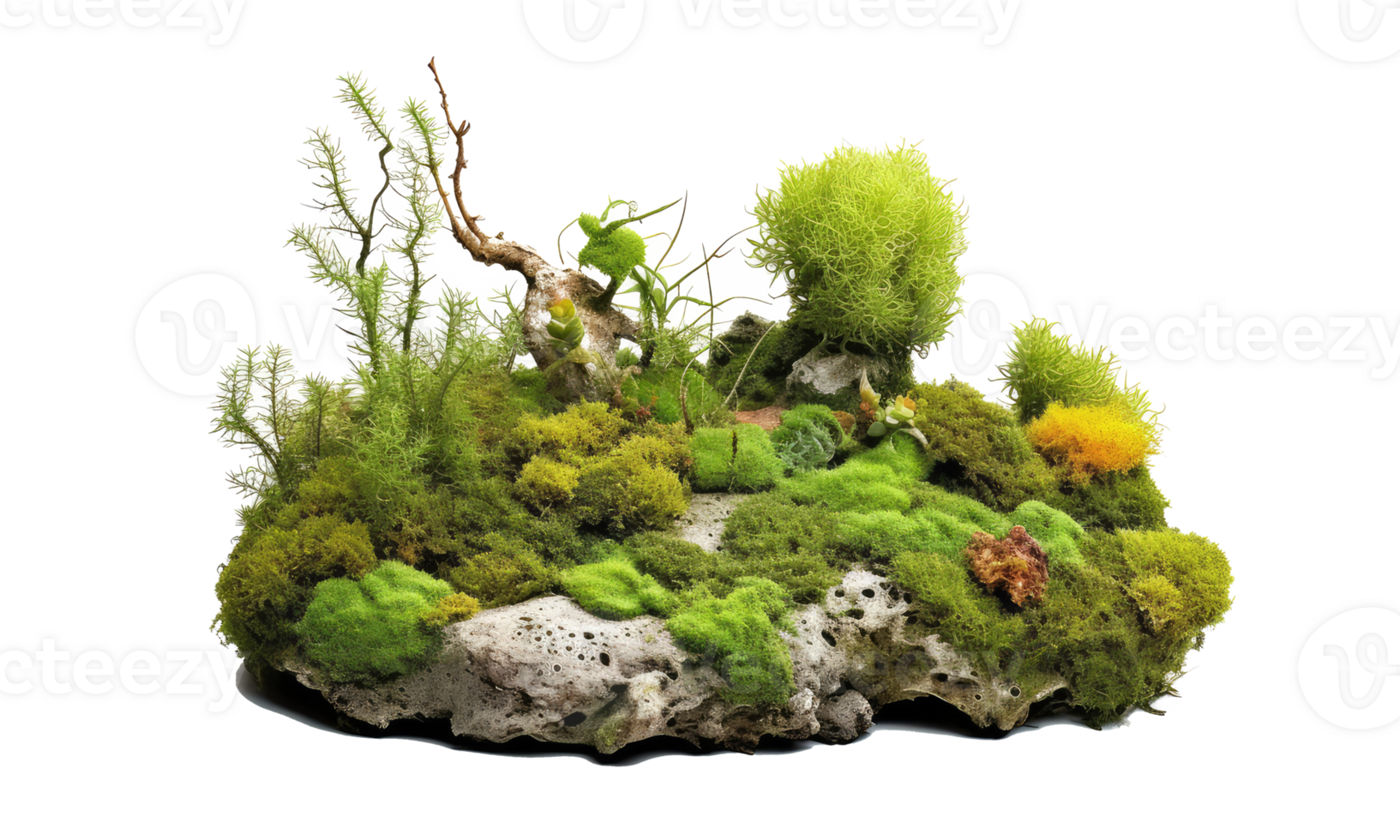 Rock garden wild nature stones with sparse vegetation green growth . AI