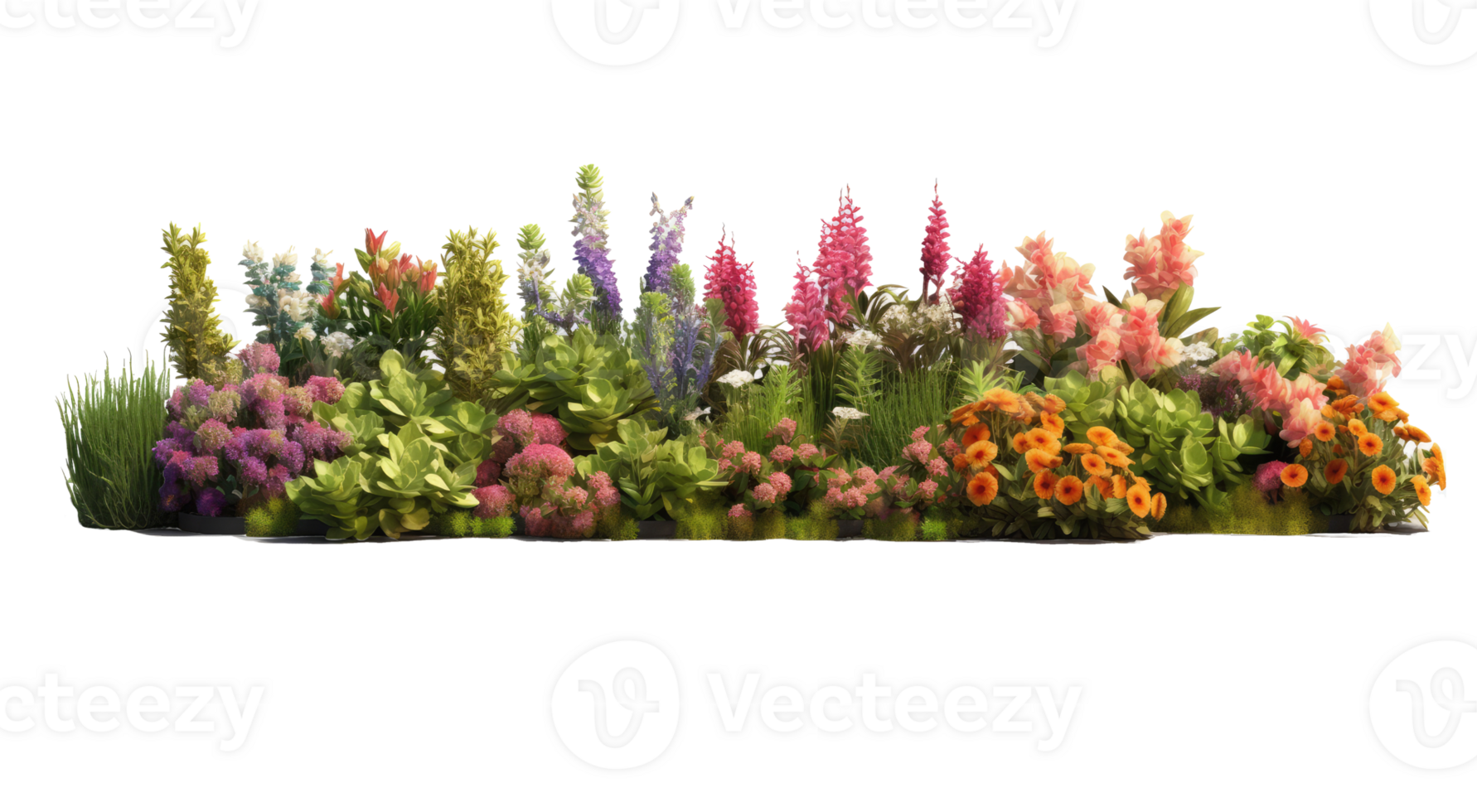 Bright spring flowers surrounded by garden plants . AI Generated png