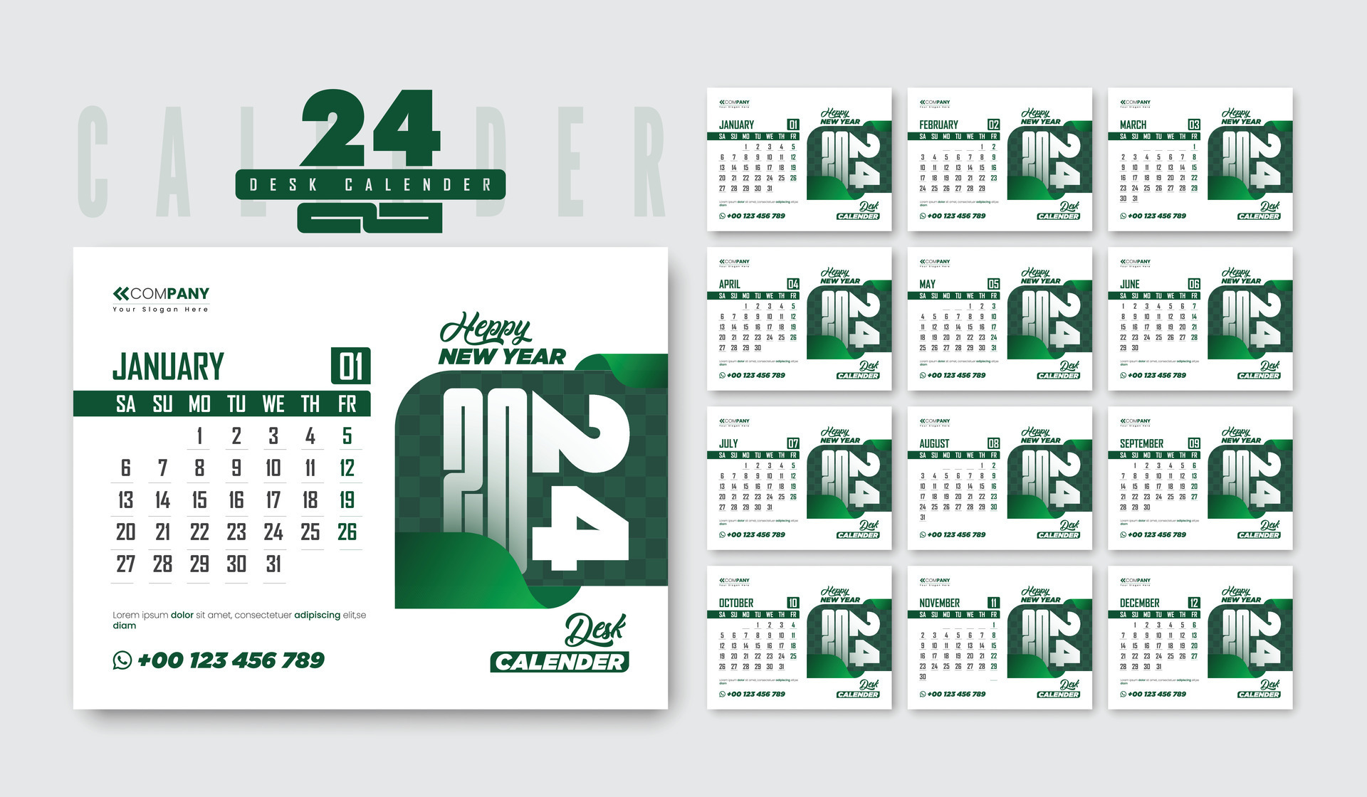2024 modern desk calender design with green color. 2024 best corporate