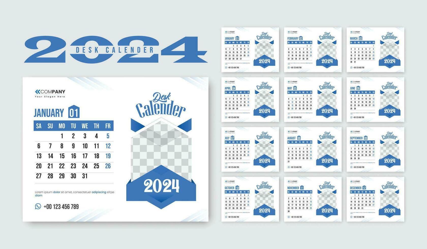 2024 desk calender design, new year schedule. New Year plans for 2024. set of 12 month of 2024 Desk calendar template. Monthly Weekly Schedule, New Year 2024, Modern Colorful Corporate Calendar Design vector