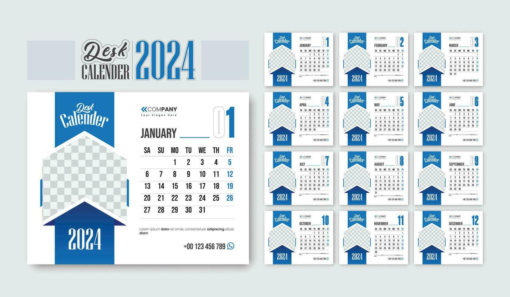 2024 corporativo moderno escritorio calendario diseño modelo. conjunto de 12 mes , hermosa escritorio calendario diseño de creativo idea vector