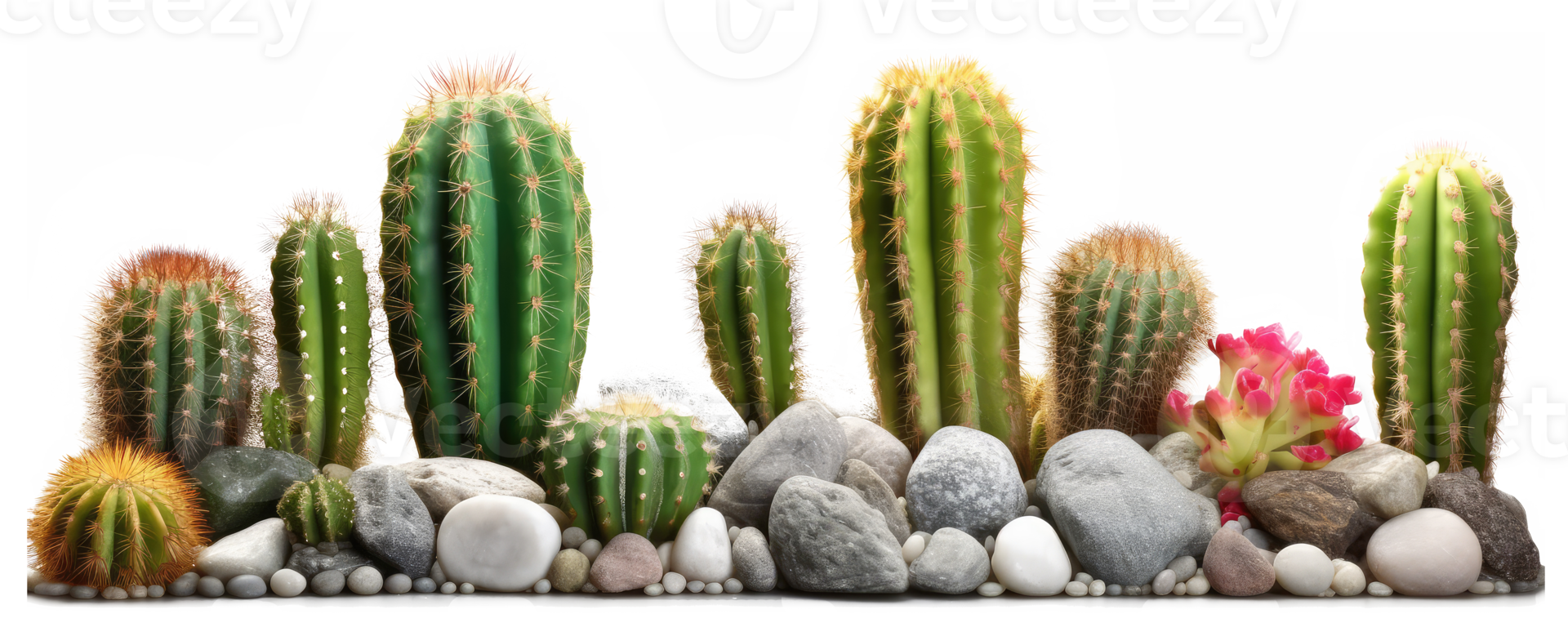 small rocks and cactus and green desert sunlight . AI Generated png