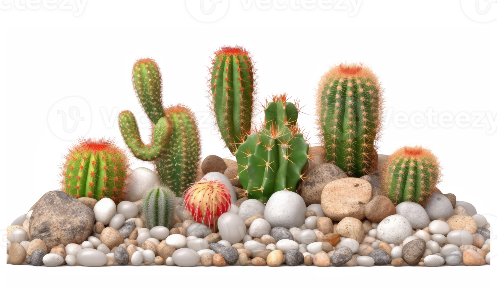 small rocks and cactus and green desert sunlight . AI Generated png