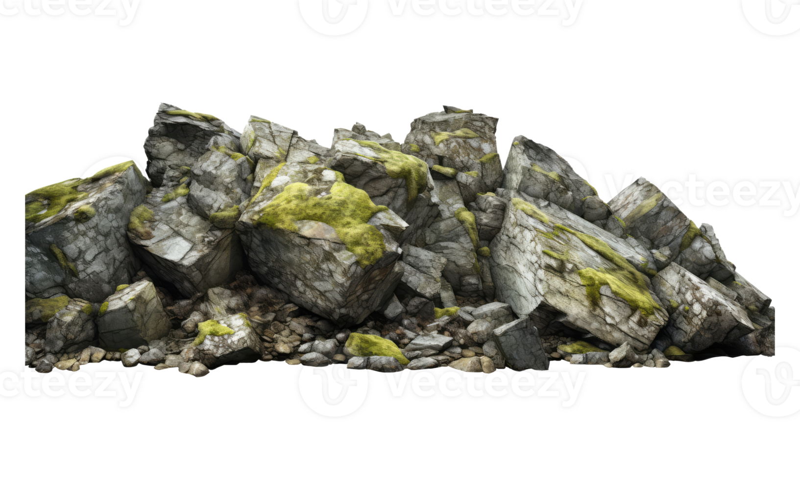 Dark rocks partially covered with moss . AI Generated png